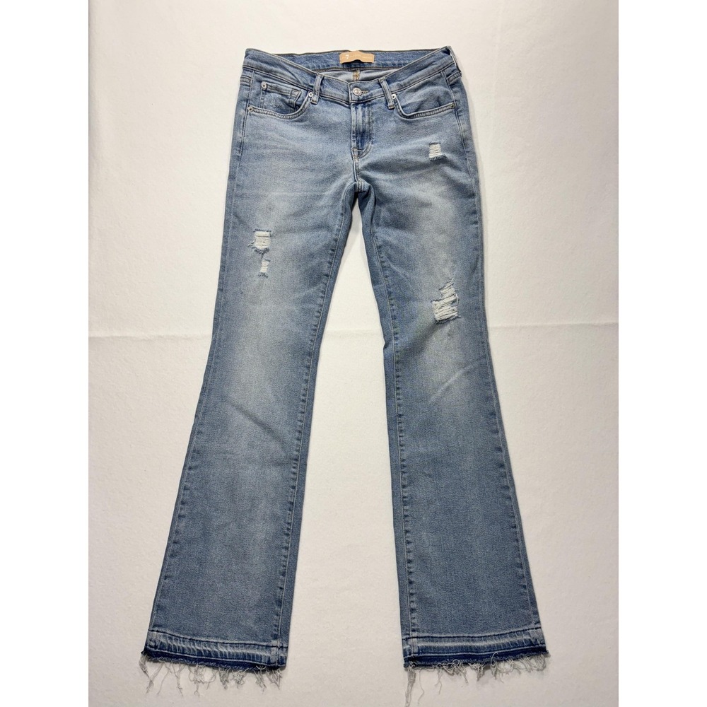 7 For All Mankind Flare Jeans Womens 30 Blue Distressed Raw Hem Luxe Vintage